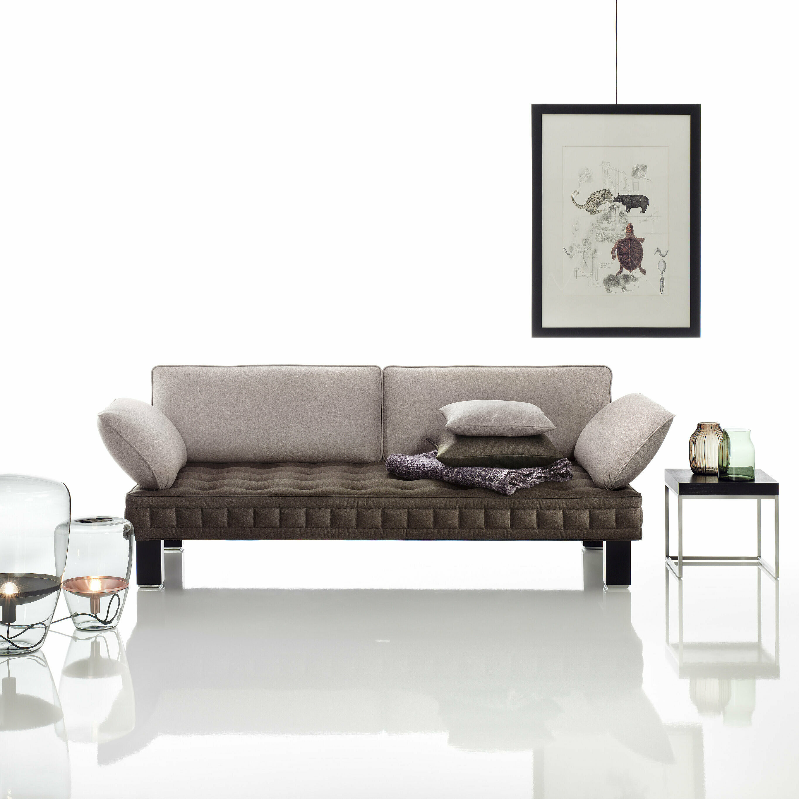 Materassi sofa two-colored, arm and backrests in loden stone, seat in loden terra