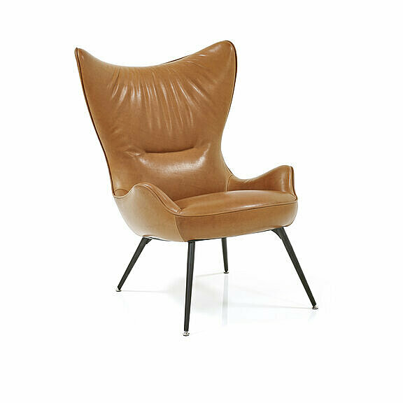 Contessa high back chair with brown leather and piping in the same cover material