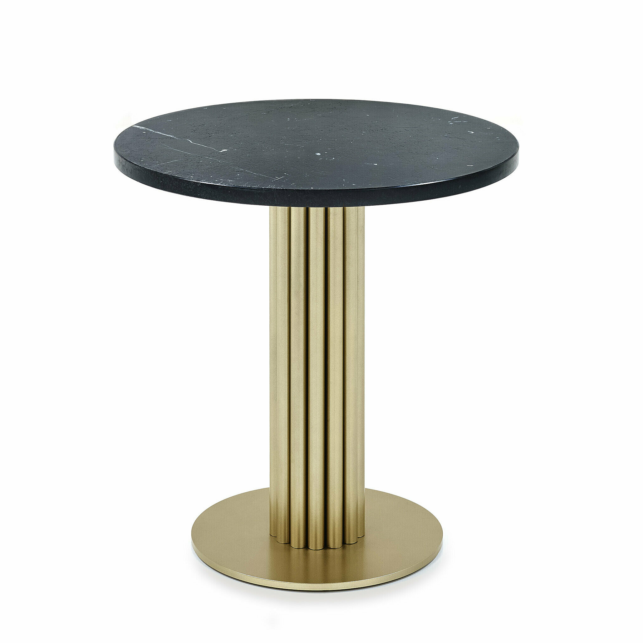 Miles Tisch mit schwarzer Marmorplatte. Säule und Bodenplatte in Messing 
