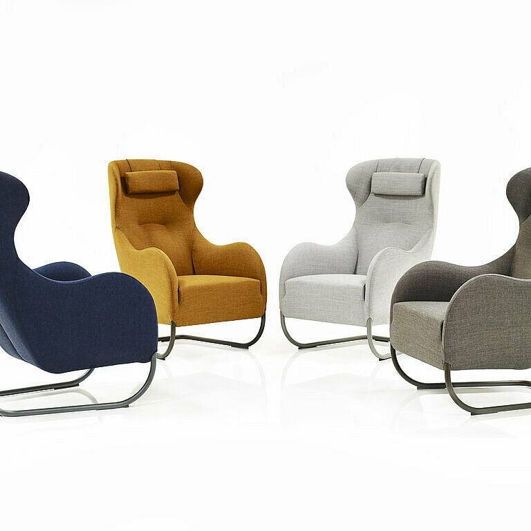 Jolly high back chairs in blue, mustard, grey and beige fabrics