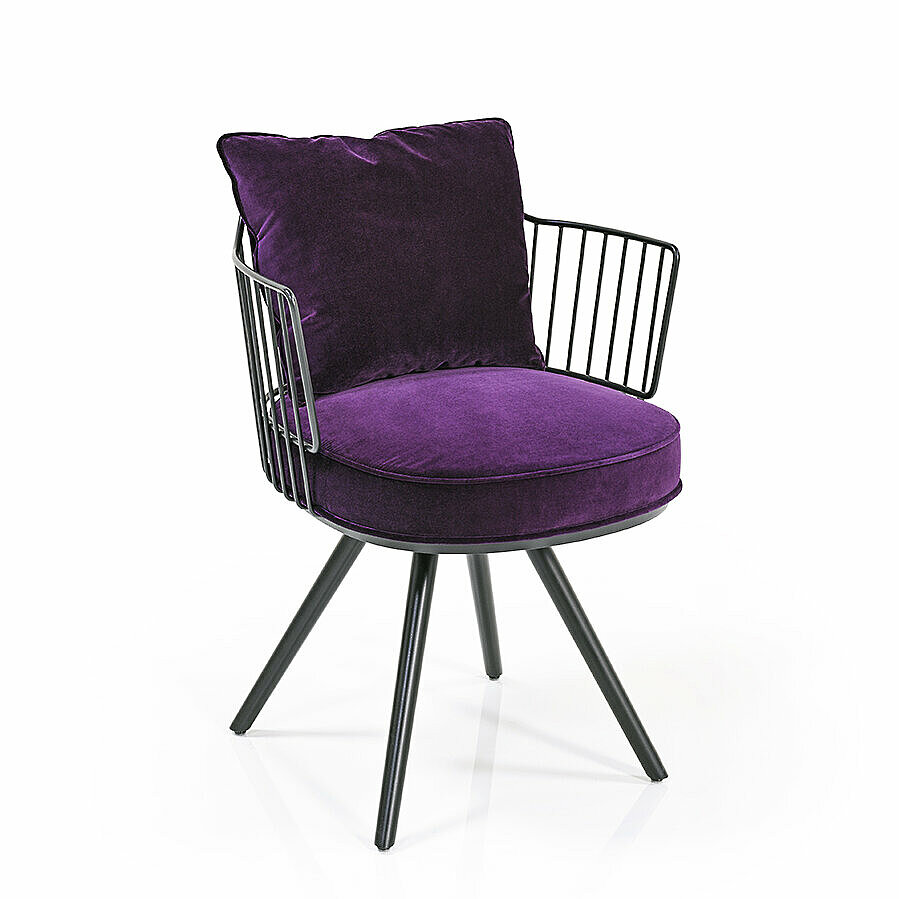 Paradise Bird Dining chair in purple fabric upholstery, black wire frame and black leg base 