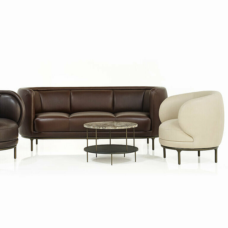 dark brown leather Vuelta sofa and dark brown leather Vuelta 80 fauteuil and light leather Vuelta 72 fauteuil, DD table side table with marble top