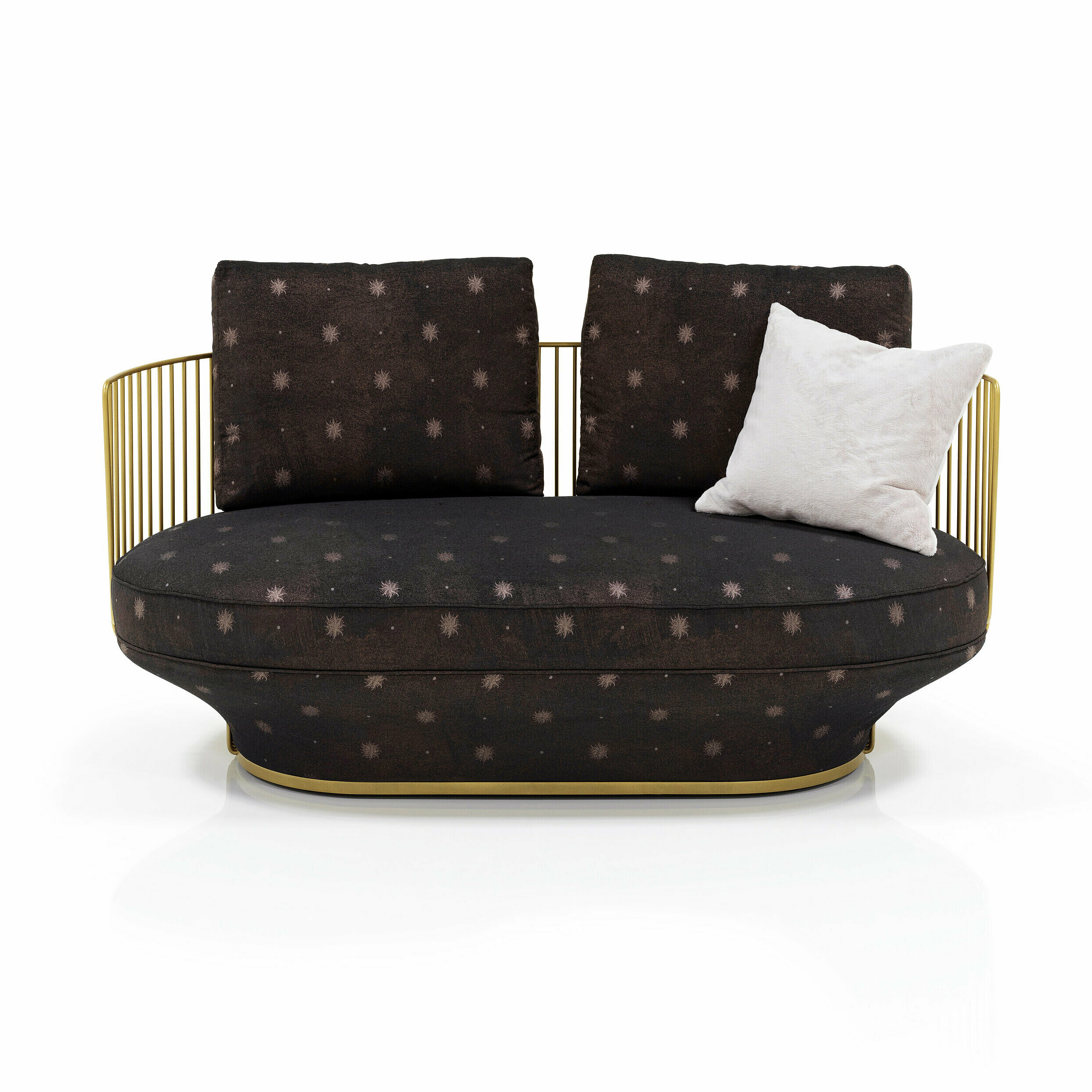 Two-seater sofa with metal frame and seat cushions covered with brown brocade with star pattern
