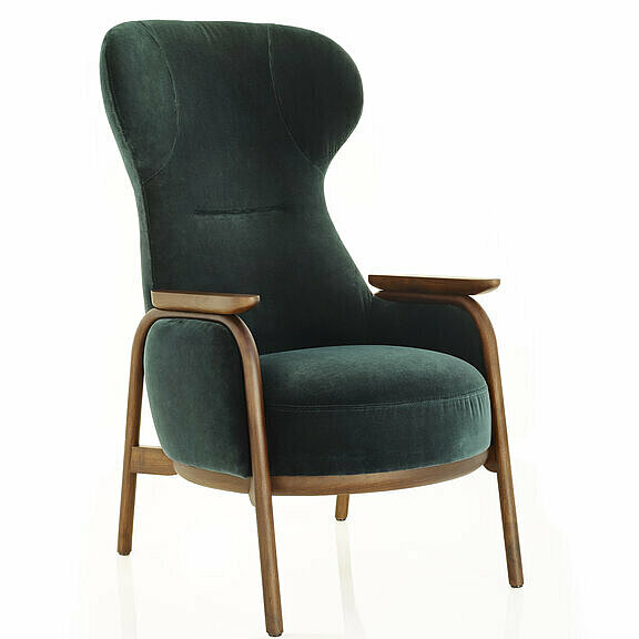Vuelta high back chair with wooden frame and covered with dark green velvet