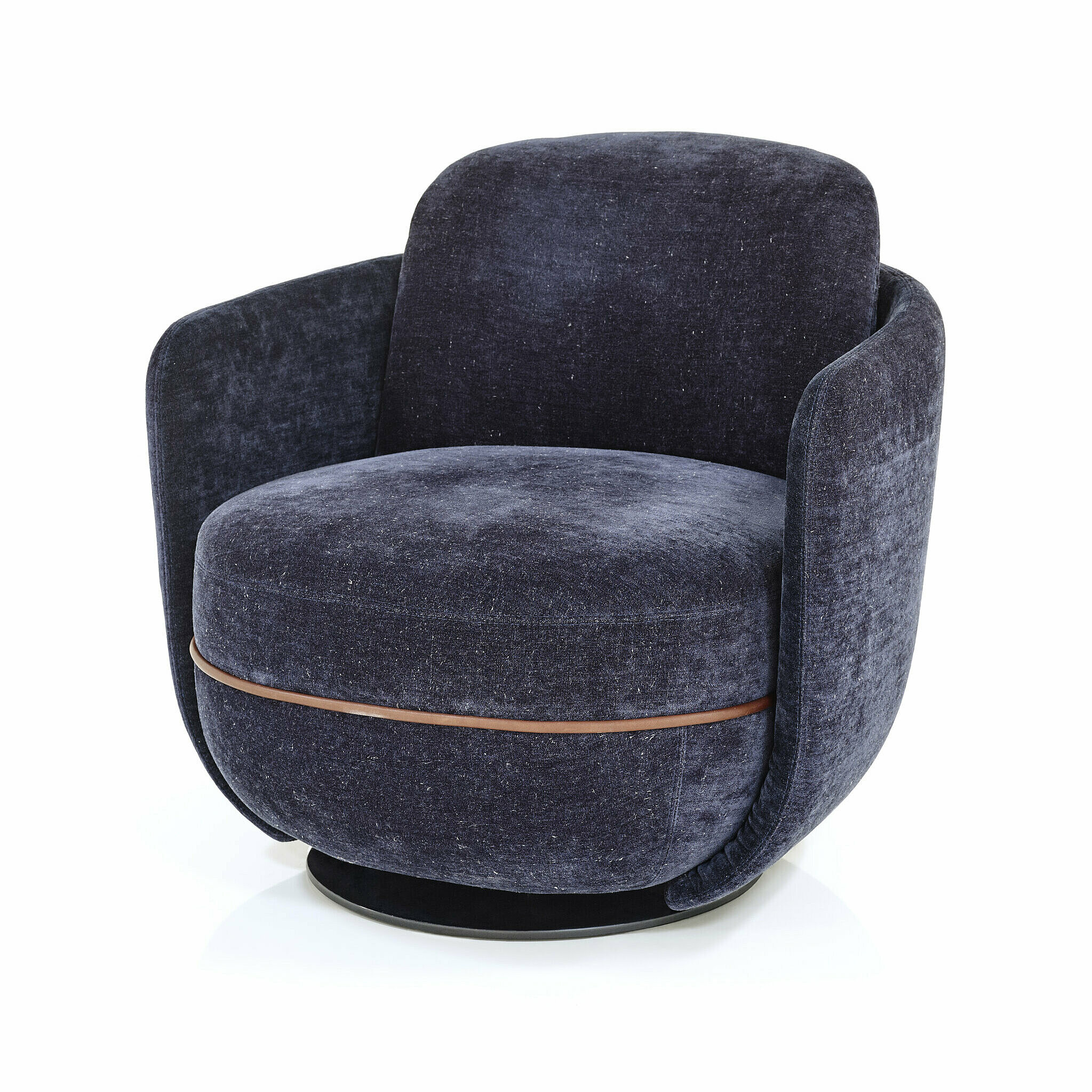 Miles armchair in a blue fabric and brown piping. Base is a black turntable