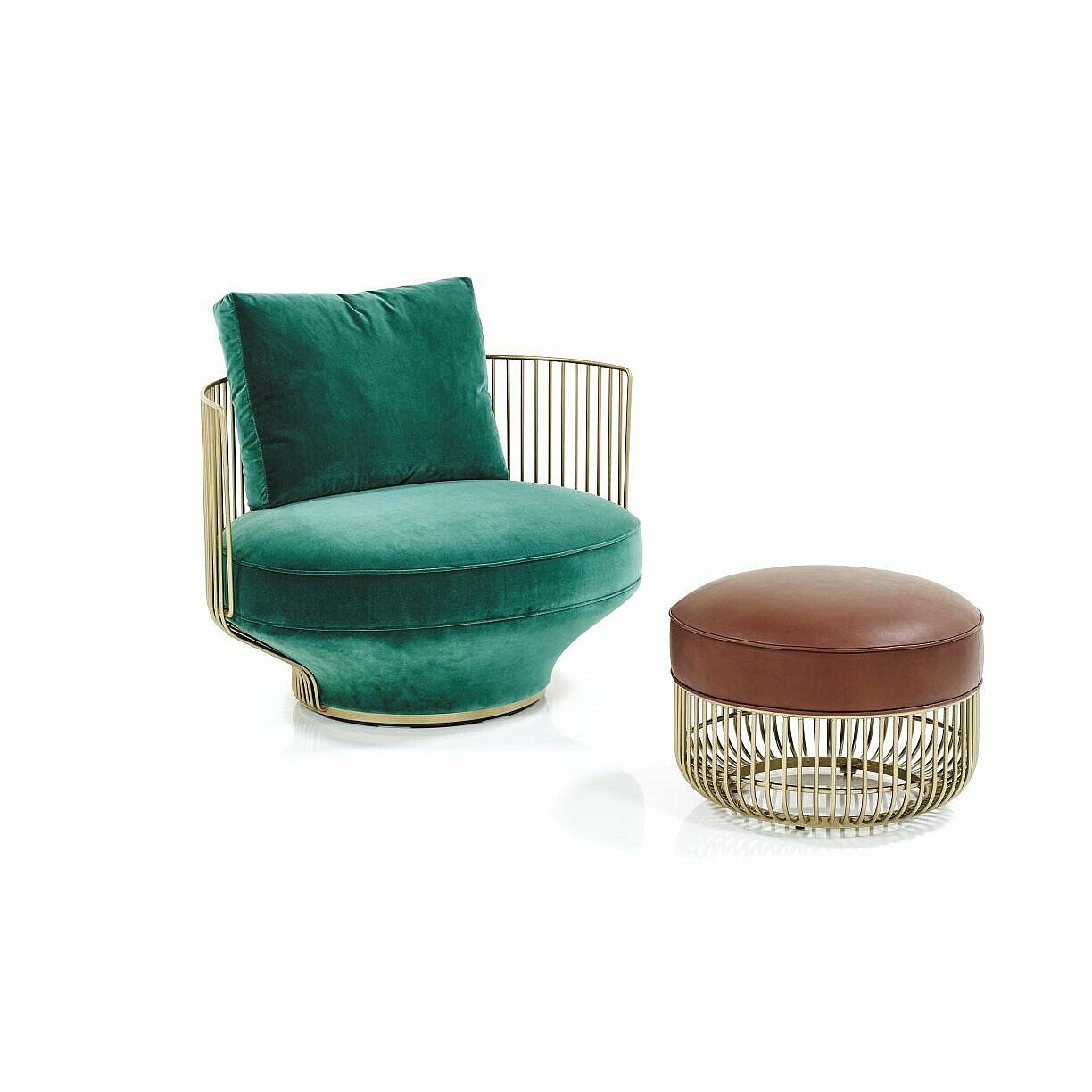 Paradise Bird Lounge Chair in green Velvet fabric and Stool, frame in brass 