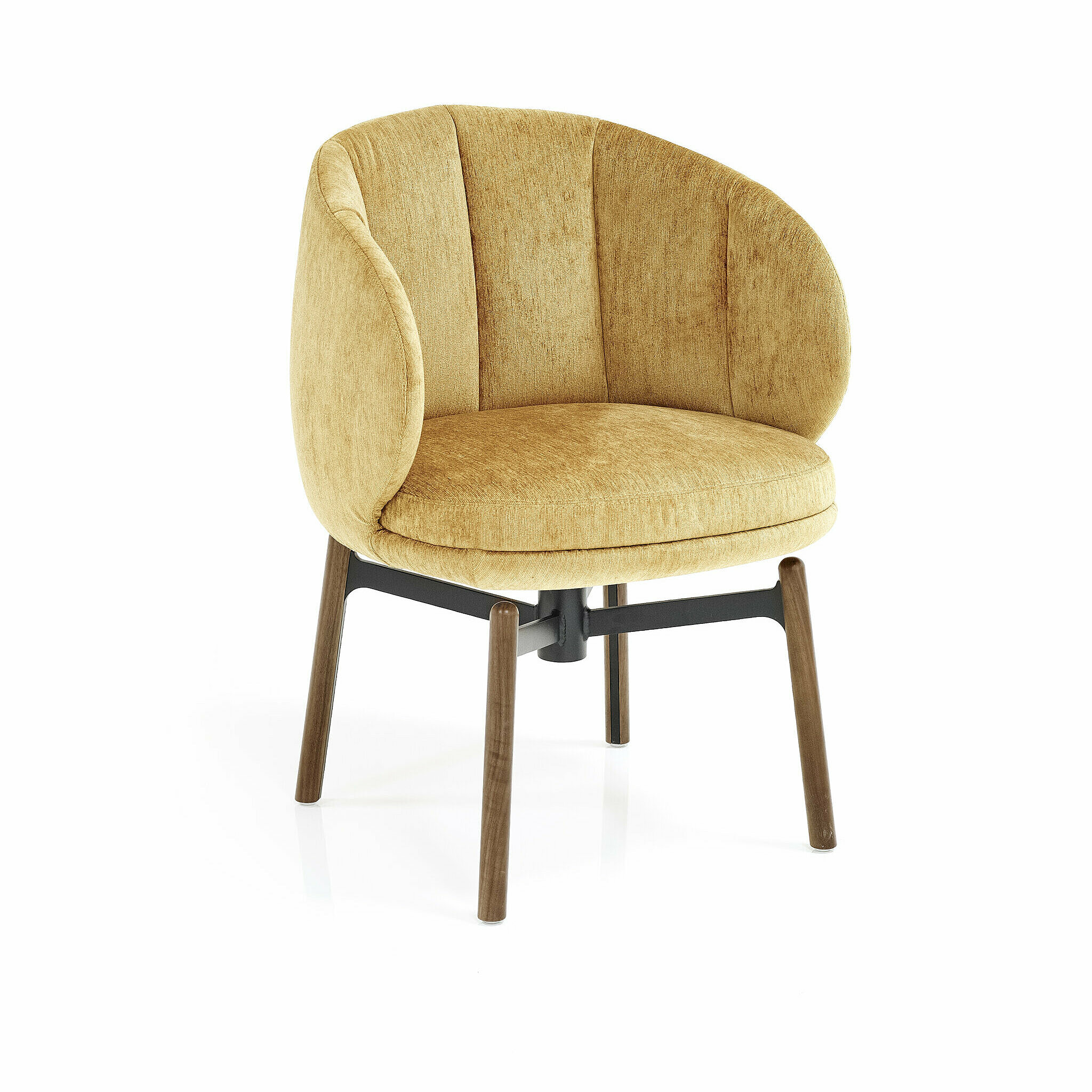 Vuelta FD Chair in gold velvet upholstery with swivel base with wooden legs