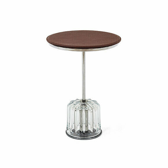 Acacia side table with transparent glass base and leather covered table top