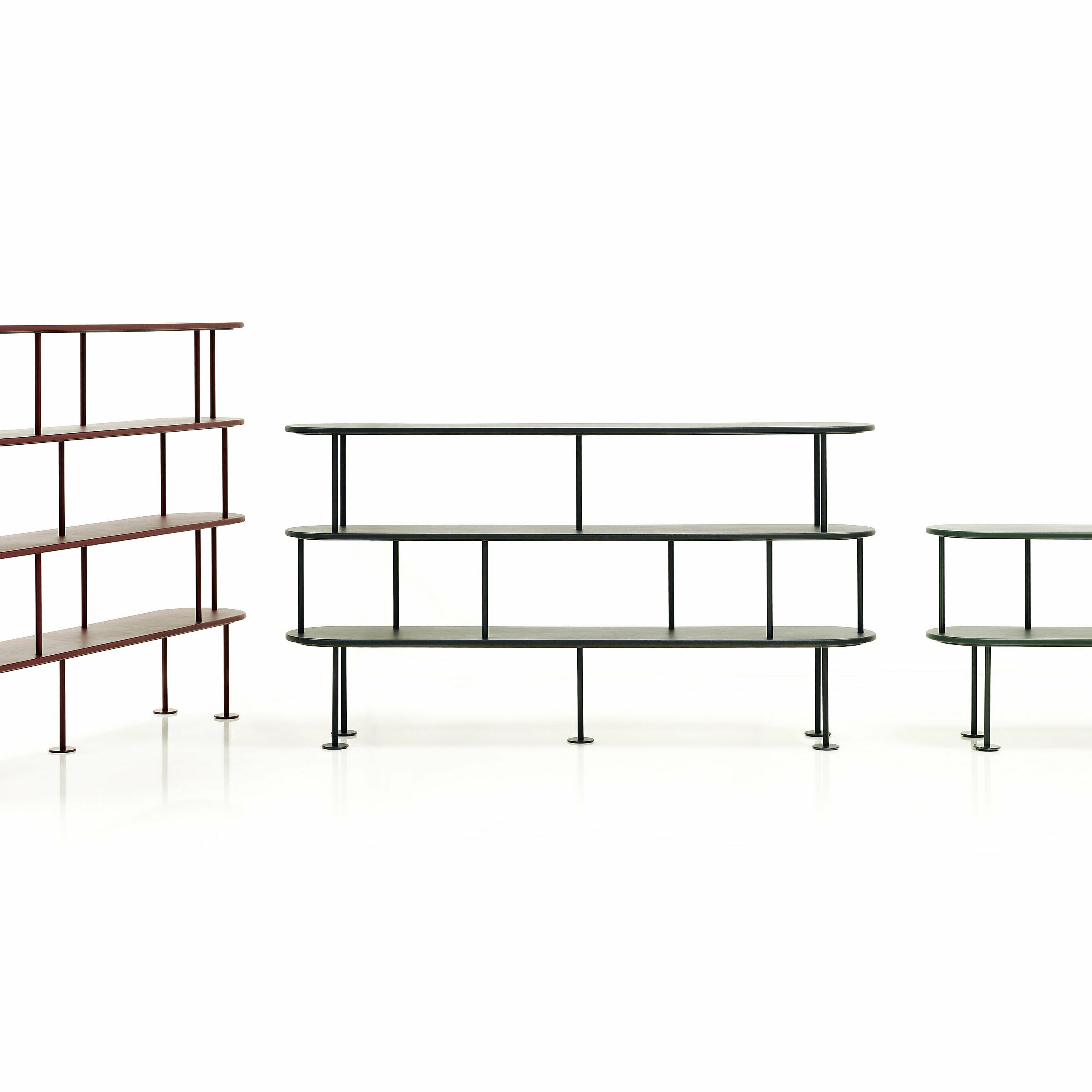 MD Shelf group 70, 105 and 140cm height, shelves in leather nappa dark red, nappa black, nappa verde