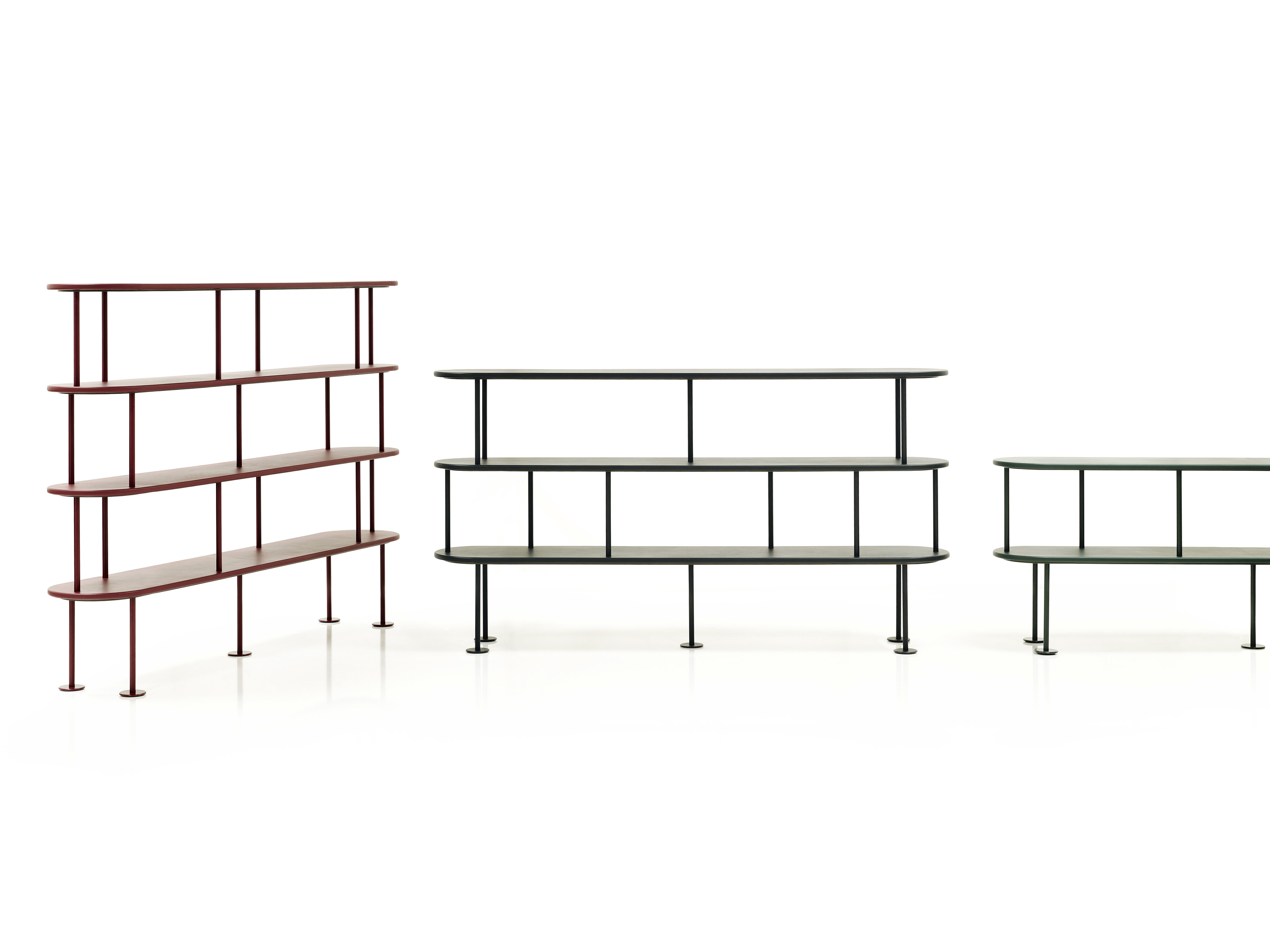 MD Shelf group 70, 105 and 140cm height, shelves in leather nappa dark red, nappa black, nappa verde