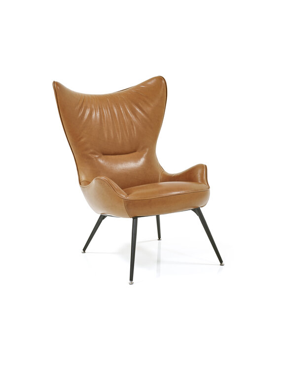 Contessa high back chair with brown leather and piping in the same cover material
