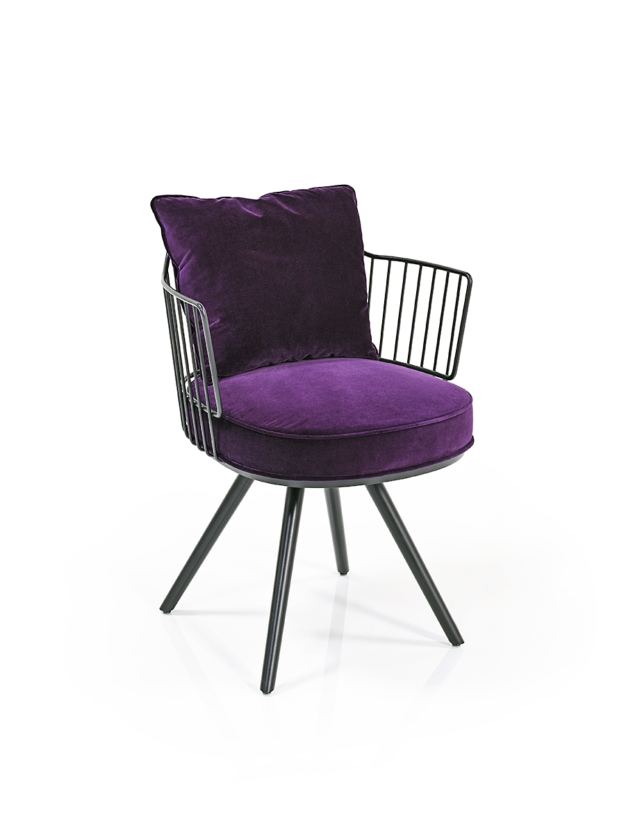 Paradise Bird Dining chair in purple fabric upholstery, black wire frame and black leg base 