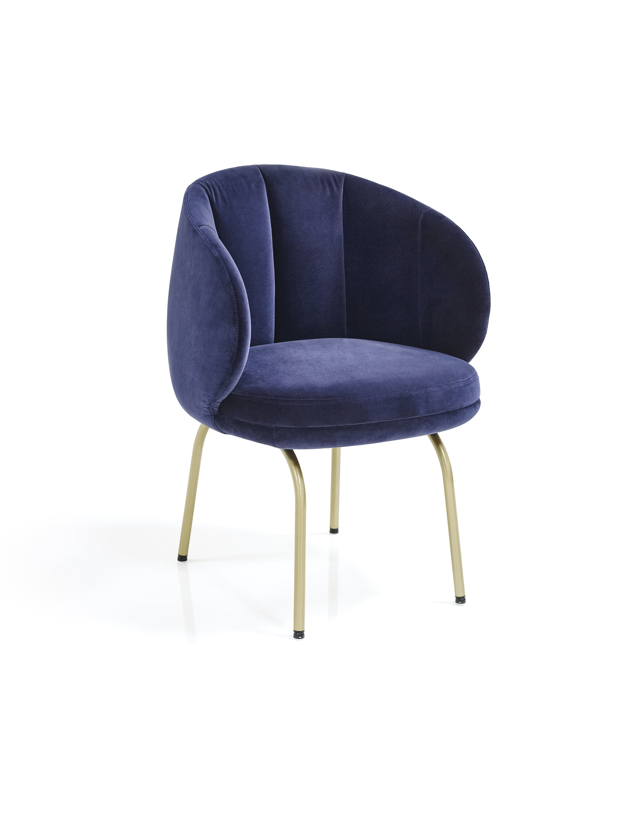 Vuelta FD Chair in dark blue velvet upholstery with brass colored chair legs