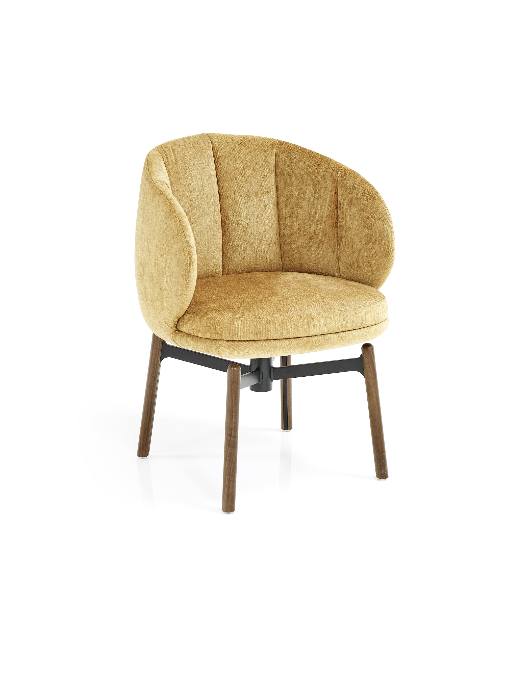Vuelta FD Chair in gold velvet upholstery with swivel base with wooden legs